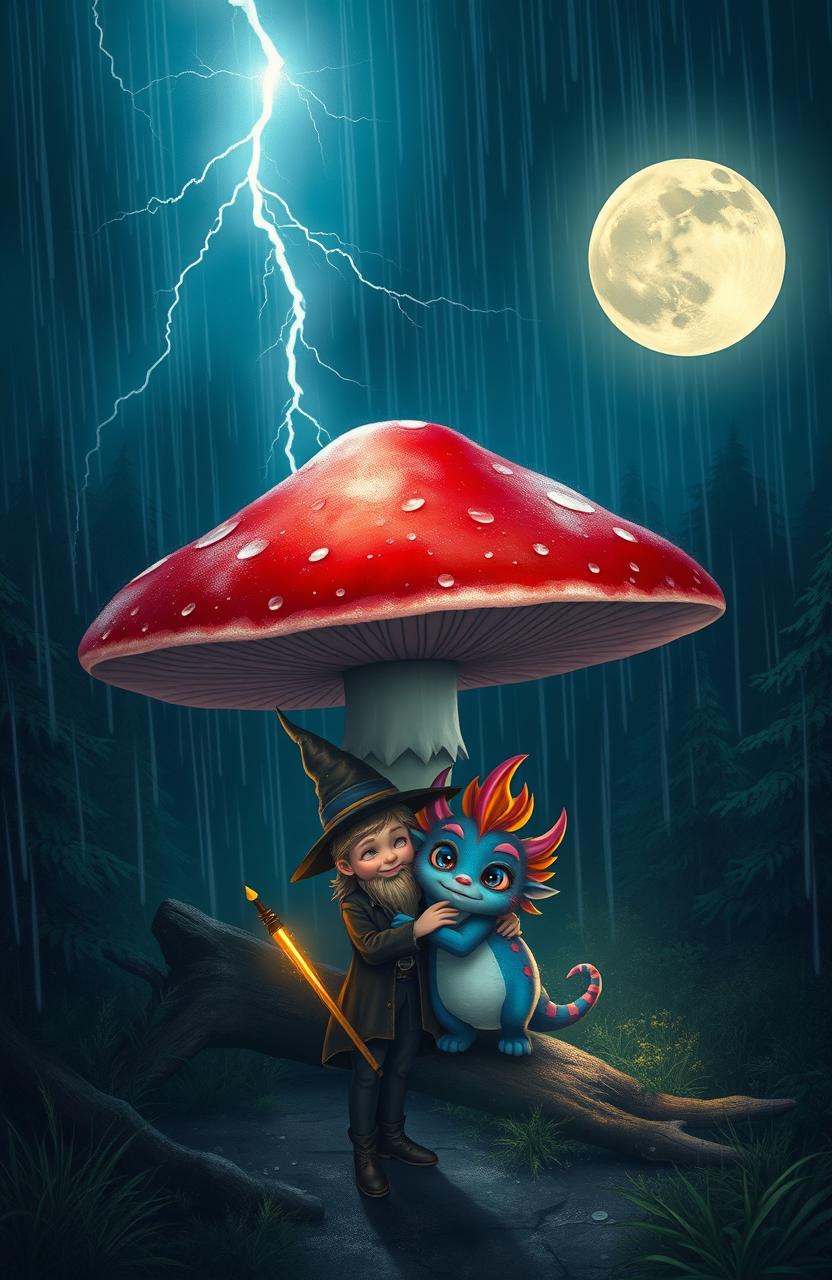 In a mystical nighttime scene, a small young wizard with a pointed hat and glowing wand stands beside a small, beautiful monster with vibrant, colorful fur