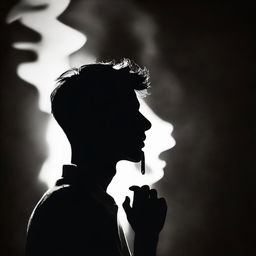 A person centered in the foreground, delicately lighting a cigarette, the flame revealing an intriguing silhouette outlined in the shadowy background.