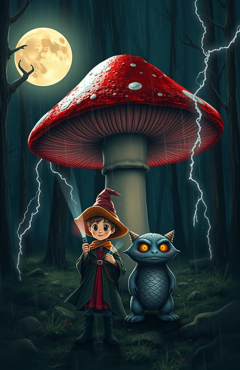In a dark, enchanted forest illuminated by the soft glow of the moon, a big red mushroom stands majestically