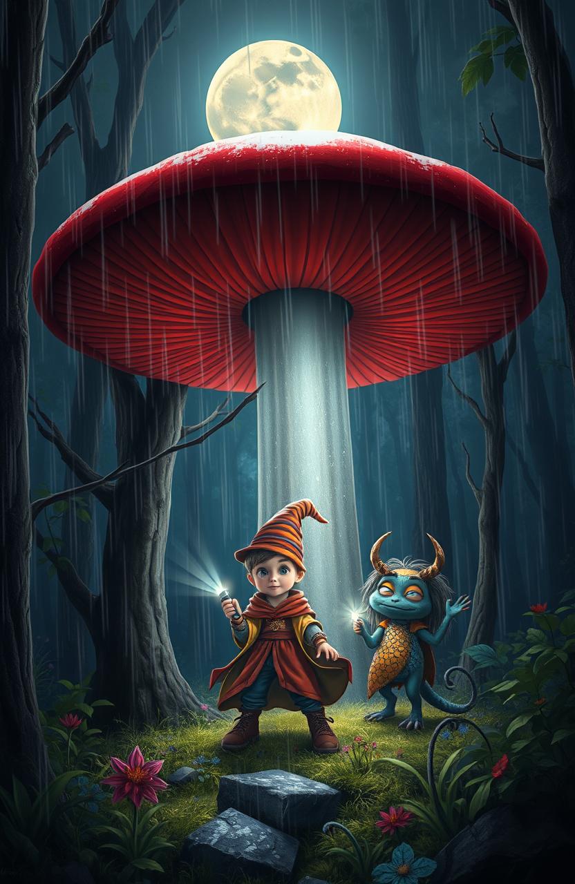In a mystical, dark forest, illuminated by the soft glow of a full moon, a large red mushroom towers over a small young wizard and a small beautiful monster