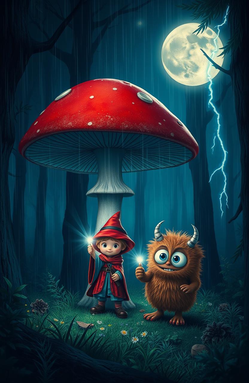 In the dark forest, illuminated by the soft, silvery light of the moon, a big red mushroom stands proudly