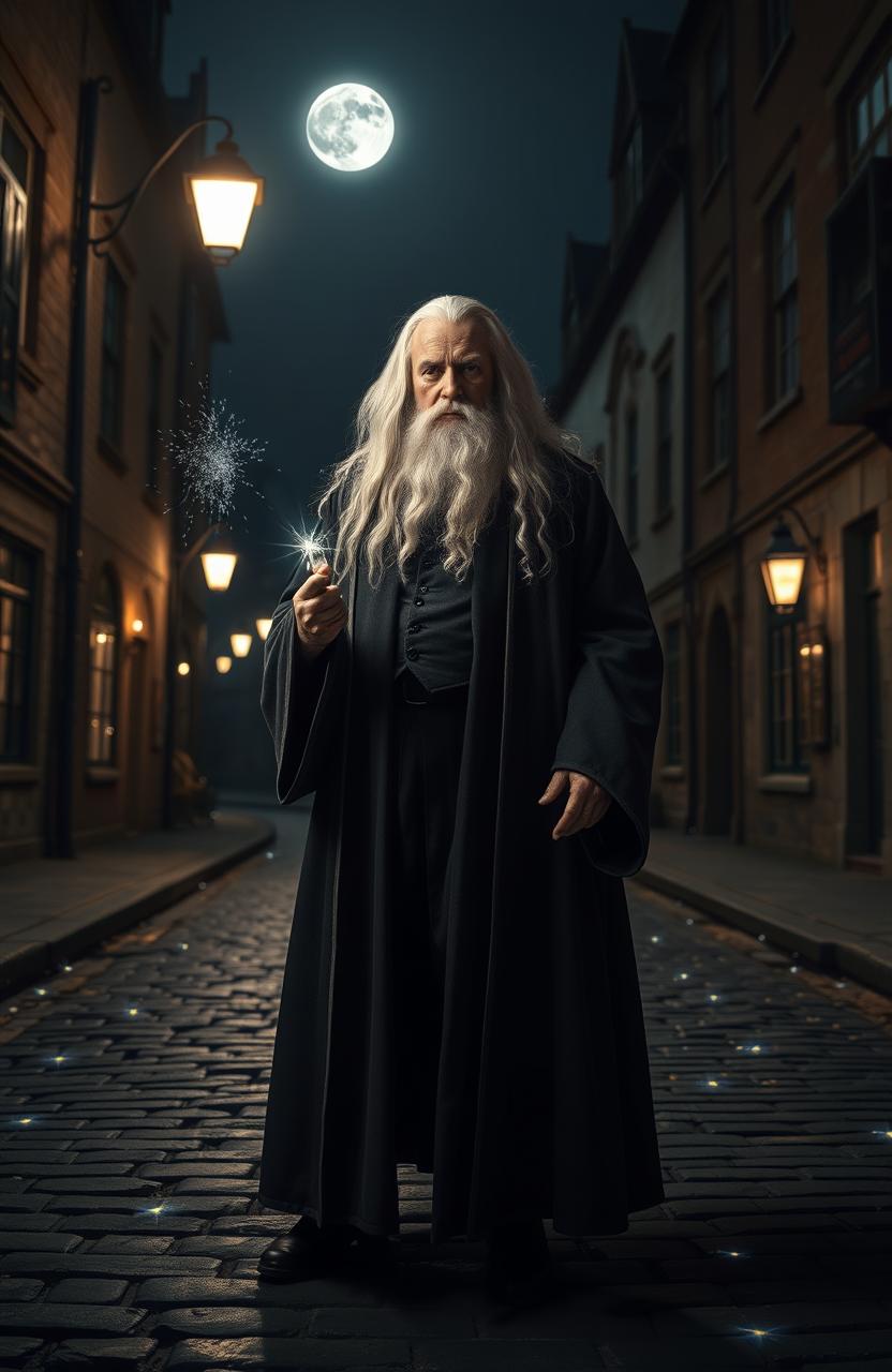 Dumbledore, the iconic wizard with long white hair and a beard, stands confidently in the middle of a cobblestone street at night