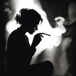 A person centered in the foreground, delicately lighting a cigarette, the flame revealing an intriguing silhouette outlined in the shadowy background.