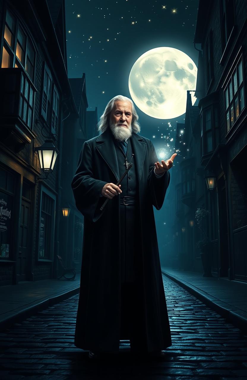 In a dark, enchanting street illuminated only by moonlight, Albus Dumbledore stands elegantly with a deluminator in hand, collecting ethereal lights that float around him