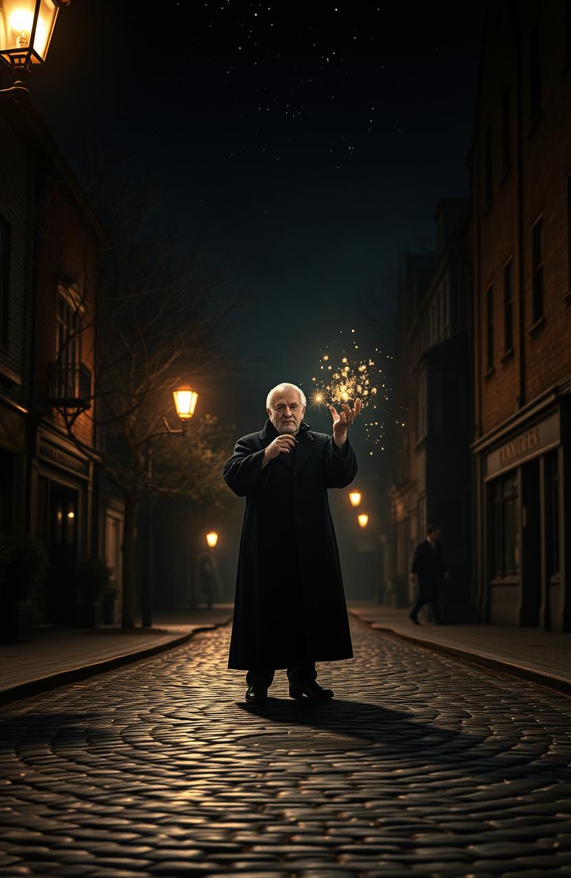In the distance, the iconic figure of Dumbledore stands majestically in the middle of a cobblestone street at night, illuminated by the soft glow of streetlights