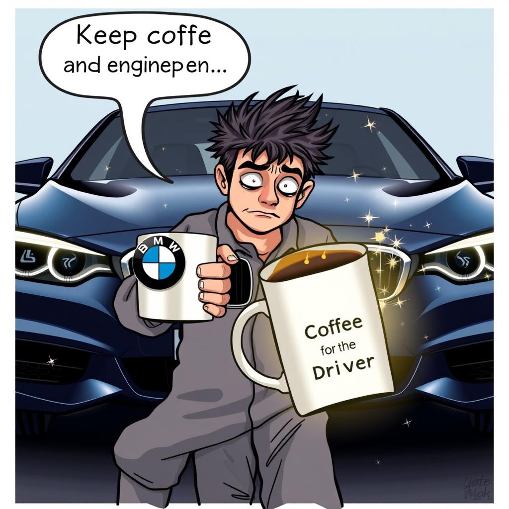 A sleepy young man with wild bed hair and pajamas, stumbling zombie-like toward his sleek BMW parked outside, holding a giant coffee mug labeled 'Fuel for the Driver'