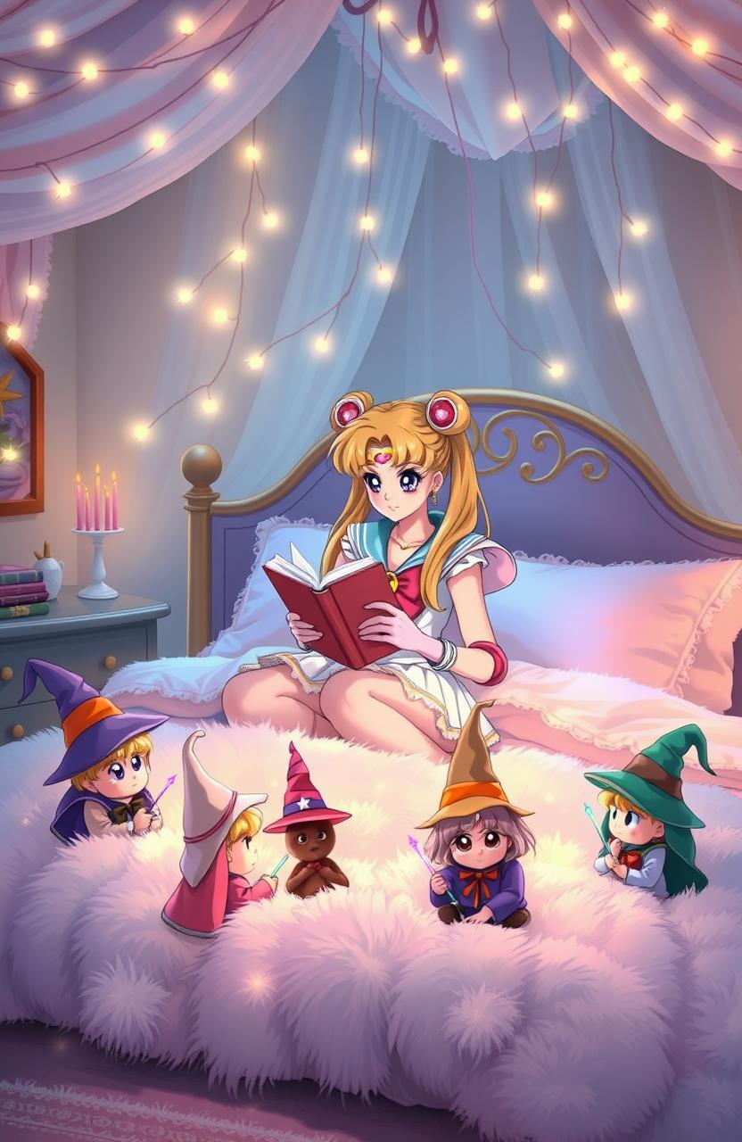 A magical scene featuring Sailor Moon sitting on a large, fluffy bed adorned with pastel colors and soft pillows, surrounded by a cozy bedroom filled with twinkling fairy lights