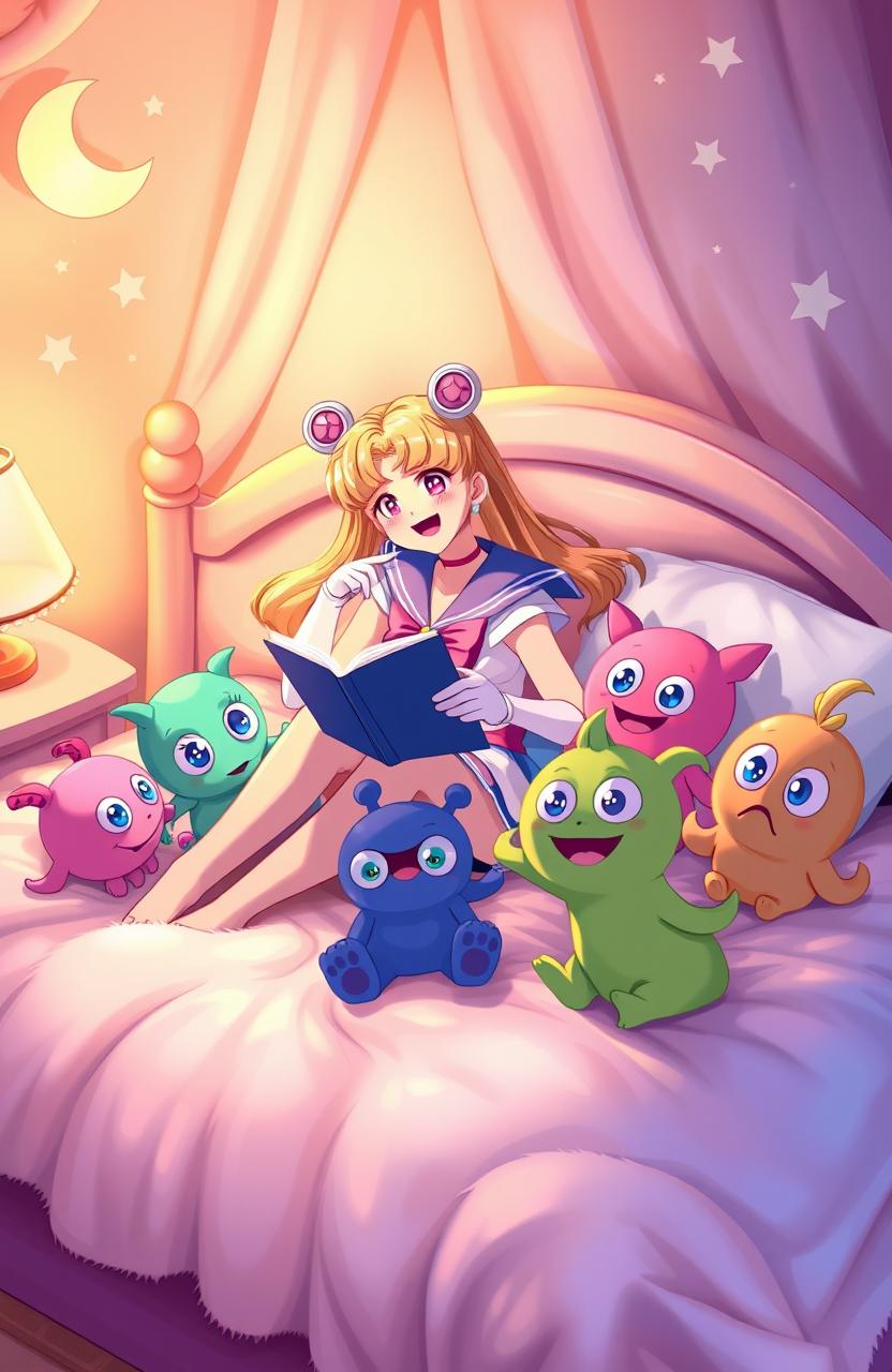 A magical scene featuring Sailor Moon sitting on a big, plush bed, surrounded by colorful, adorable little monsters with big eyes and playful expressions