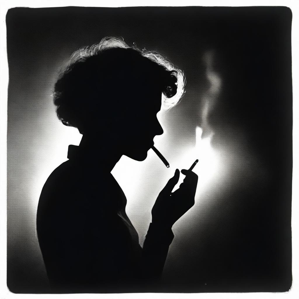 A person centered in the foreground, delicately lighting a cigarette, the flame revealing an intriguing silhouette outlined in the shadowy background.