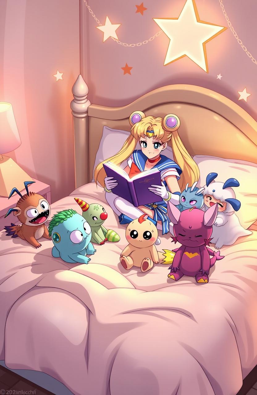Sailor Moon, with her iconic hairstyle and outfit, sits on a large, plush bed draped in pastel-colored blankets