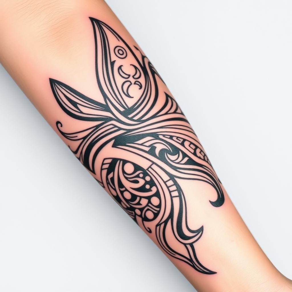 A detailed Maori tribal tattoo design that incorporates flowing lines, intricate patterns, and cultural symbols
