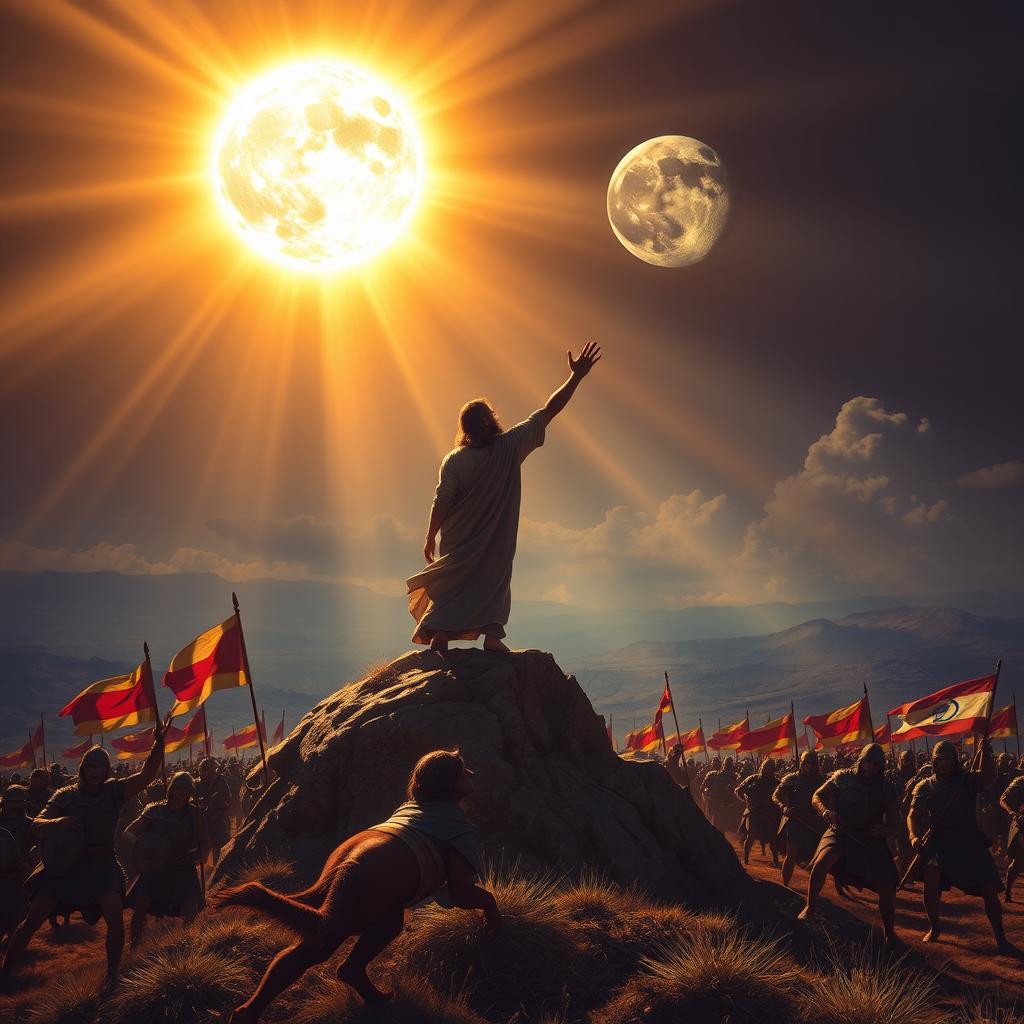 Josué standing resolutely on a hill or rock with his arm outstretched toward the sky, conveying determination and faith, commanding the sun and moon