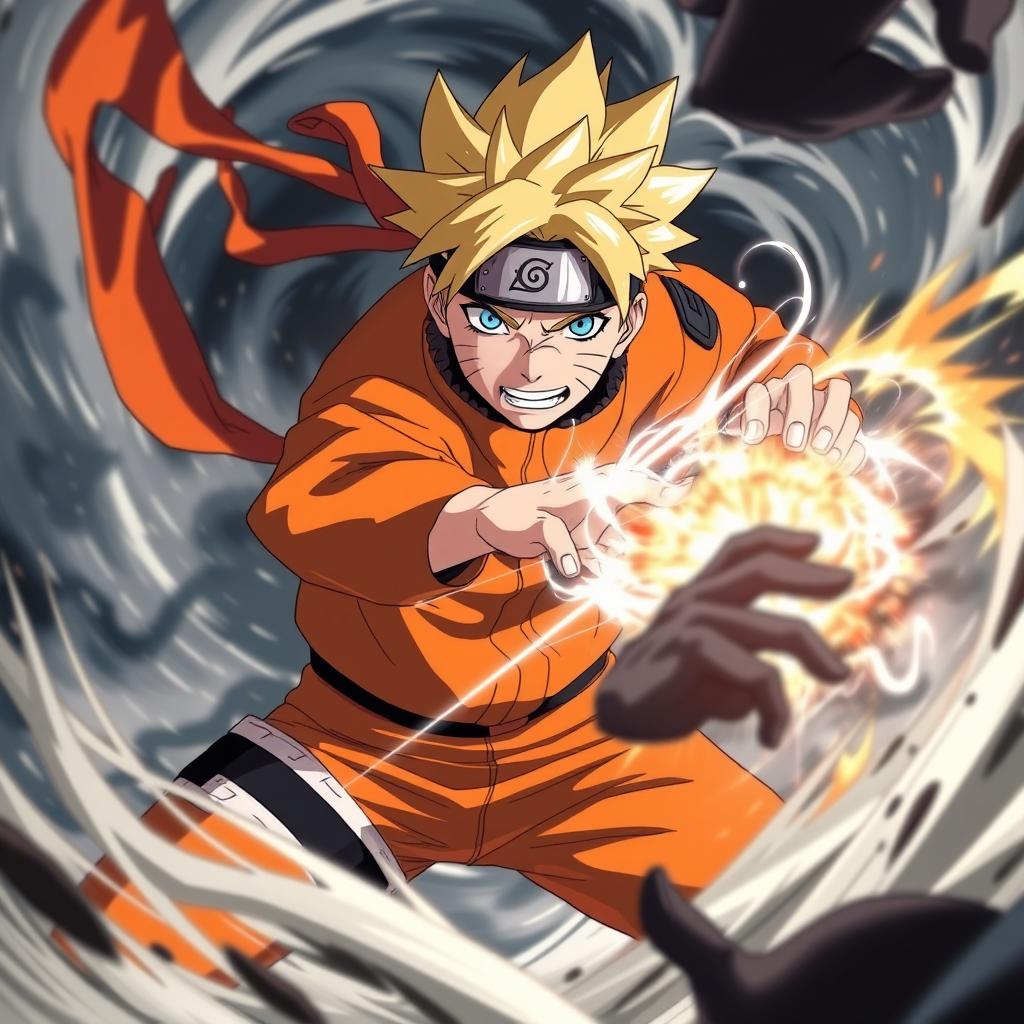 A scene inspired by an epic anime battle featuring Naruto Uzumaki in a dynamic action pose, showcasing his determination and fierce spirit