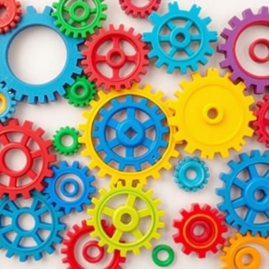 A colorful arrangement of interconnected gears, showcasing a vibrant palette of colors such as blue, red, green, yellow, and orange