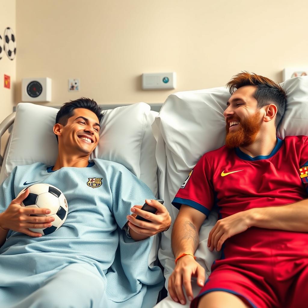 Ronaldo and Messi lying side by side in a modern hospital room, both looking relaxed and joking with each other