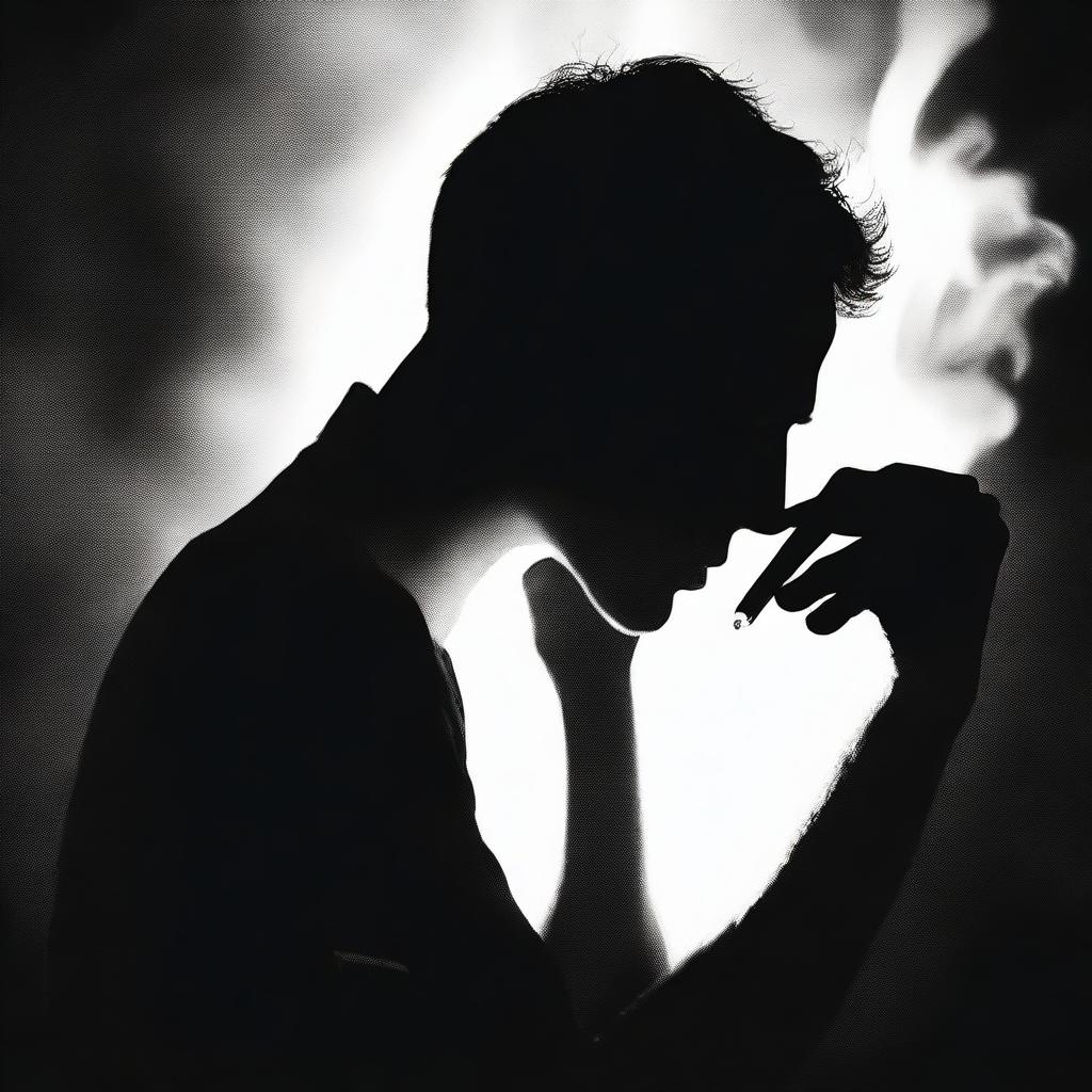 A person centered in the foreground, delicately lighting a cigarette, the flame revealing an intriguing silhouette outlined in the shadowy background.