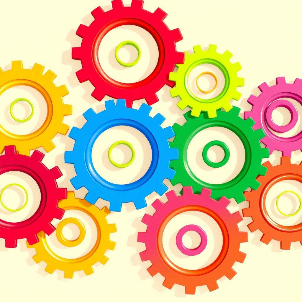 A visually appealing illustration of seven interconnected colorful gears, each gear showcasing a unique and vibrant color such as red, blue, green, yellow, orange, purple, and pink