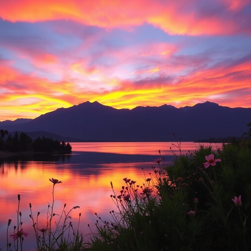 A beautifully enhanced landscape featuring a vibrant sunset over a tranquil lake, with reflections of the colorful sky in the water
