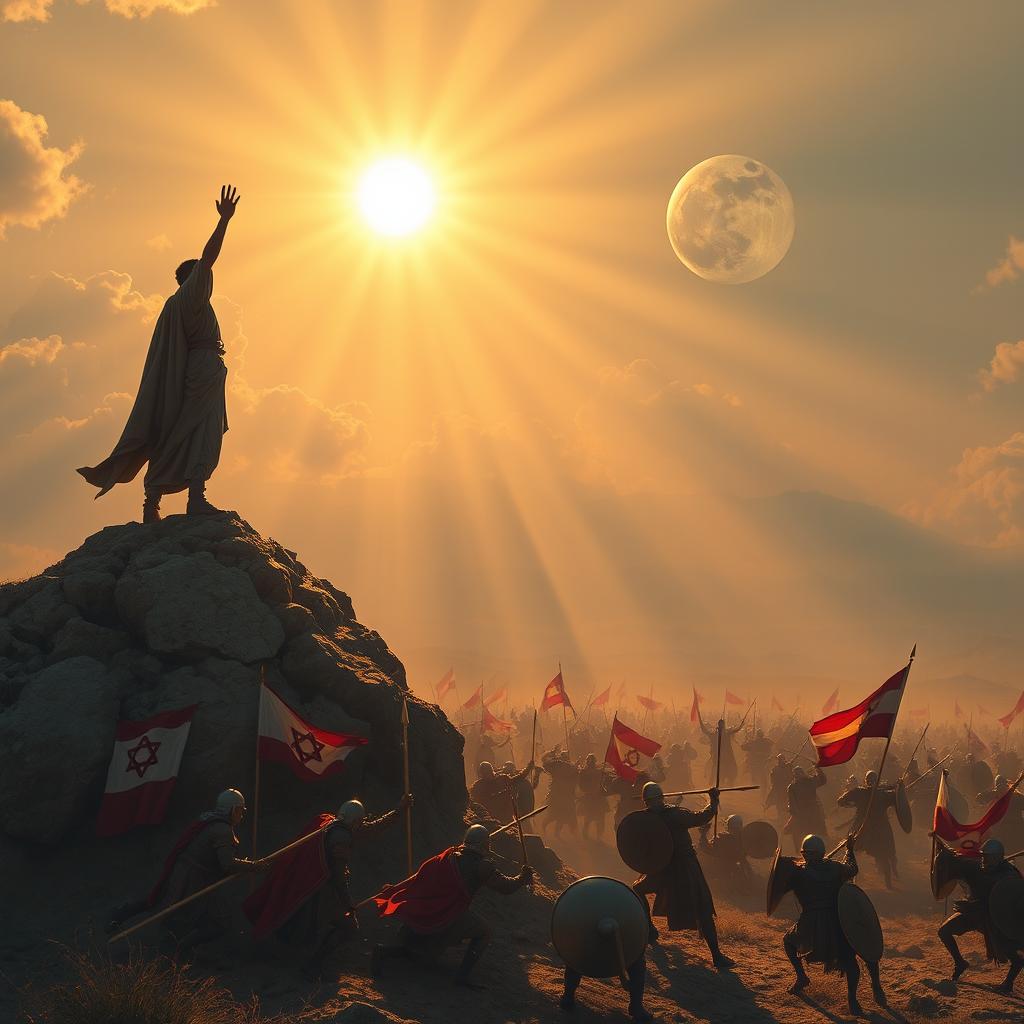 Josué standing firm atop a rocky hill, arm outstretched towards the sky in a posture of unwavering faith, commanding the sun and moon to halt