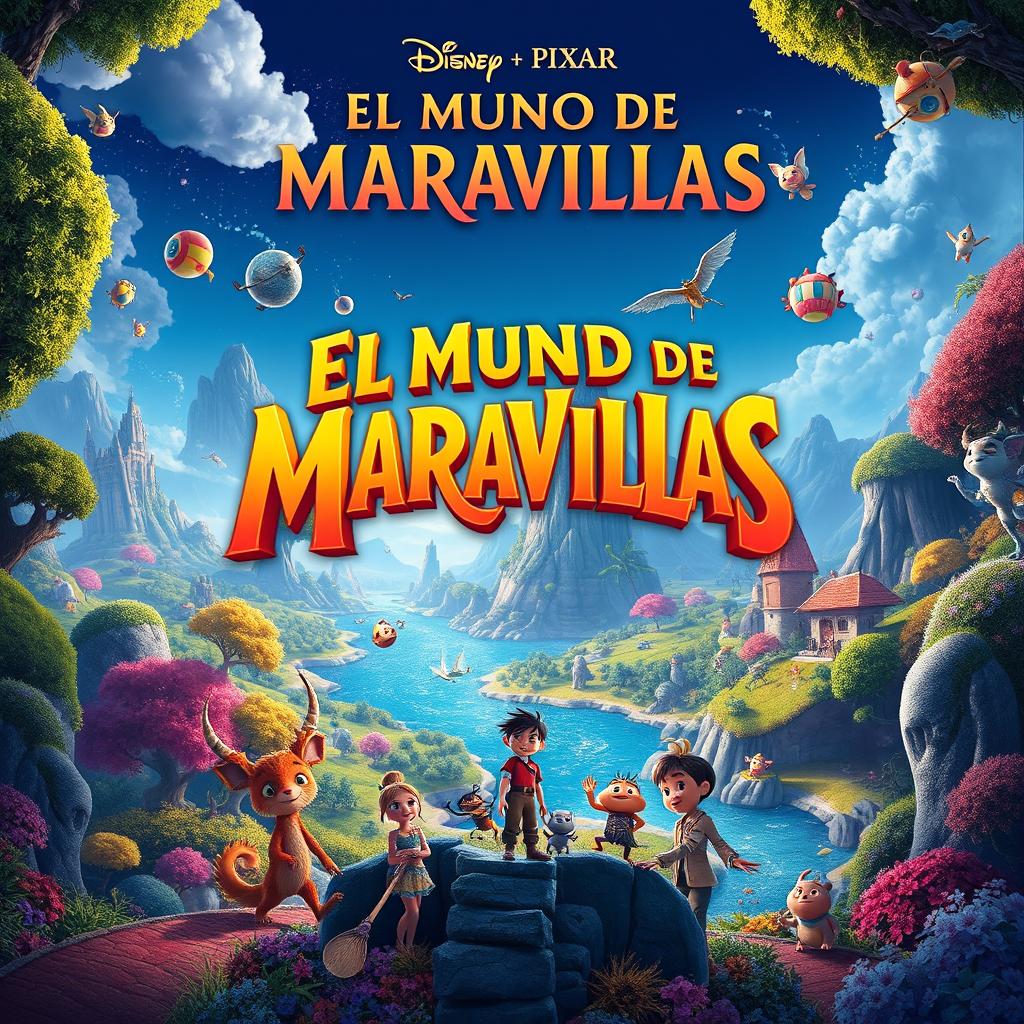 A captivating movie poster for 'EL MUNDO DE MARAVILLAS' by Disney and Pixar, showcasing a magical landscape filled with vibrant colors and fantastical elements