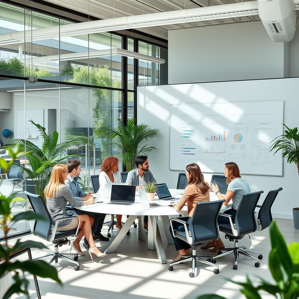 A sleek and modern office interior, designed with an open layout featuring glass walls