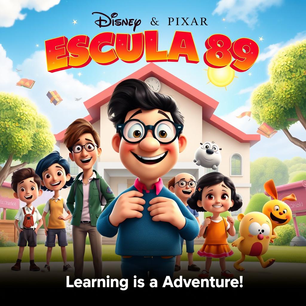A colorful and vibrant movie poster for a fictional Disney and Pixar film titled "ESCULA 89"