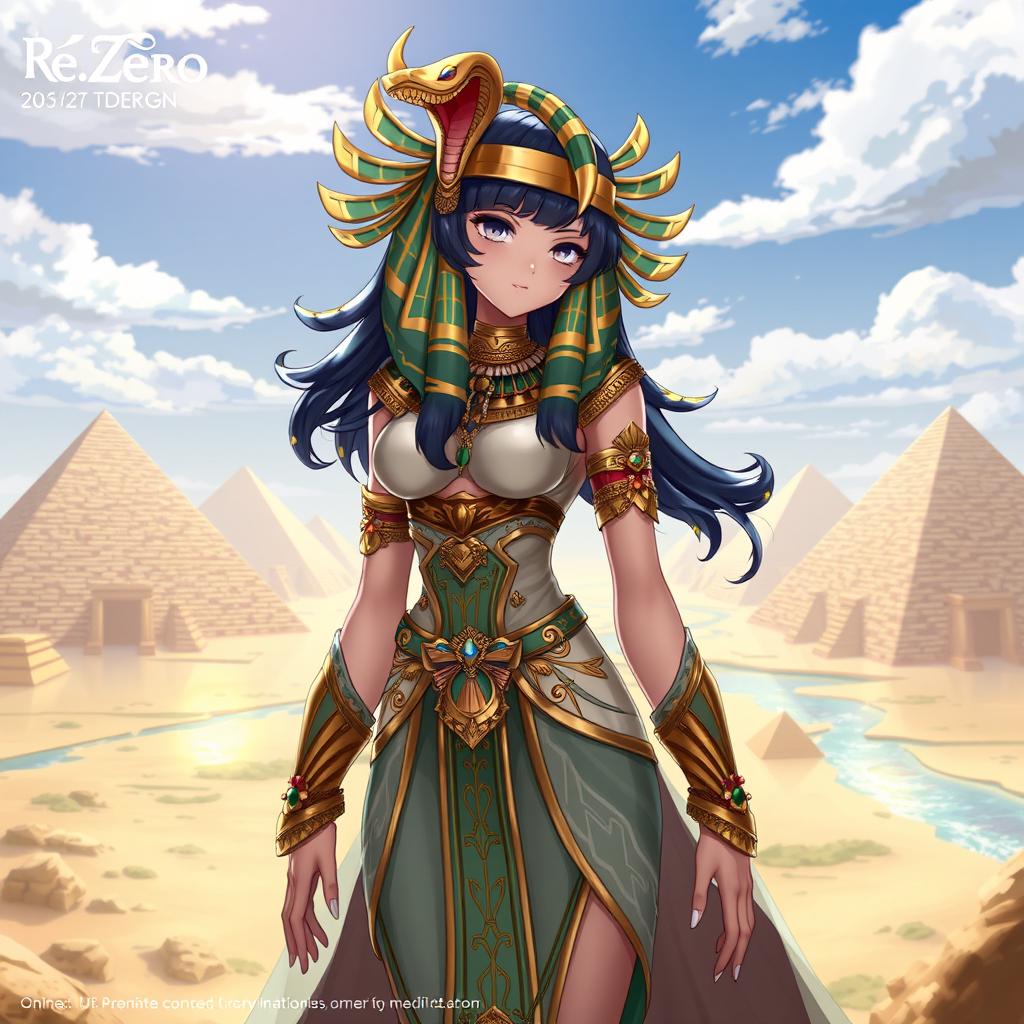 A stunning character design featuring Emilia from Re:Zero, reimagined as an Egyptian queen