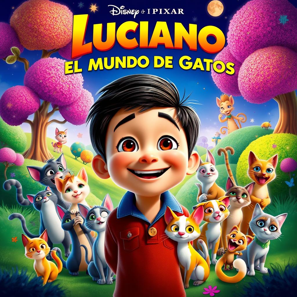 A colorful and vibrant movie poster for an animated film titled 'LUCIANO EN EL MUNDO DE GATOS' by Disney and Pixar
