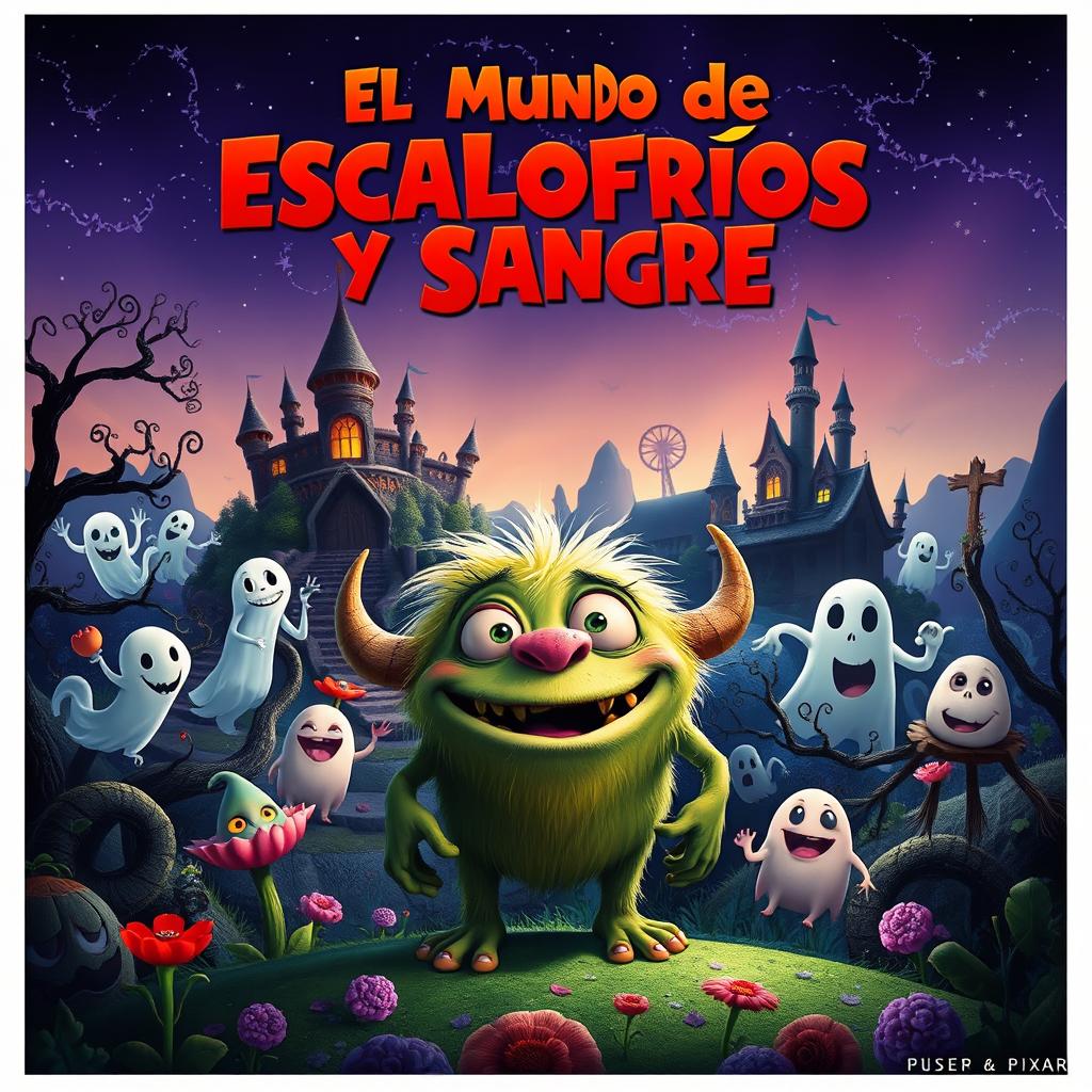 A movie poster featuring a whimsical yet dark fantasy world inspired by Disney and Pixar, titled 'El Mundo de Escalofríos y Sangre'
