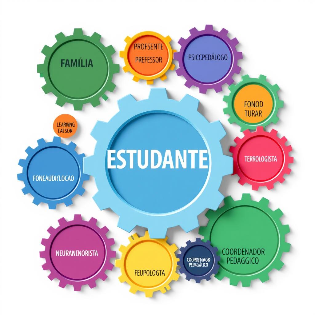 A colorful infographic illustrating interconnected gears representing an interdisciplinary support network for students with learning difficulties