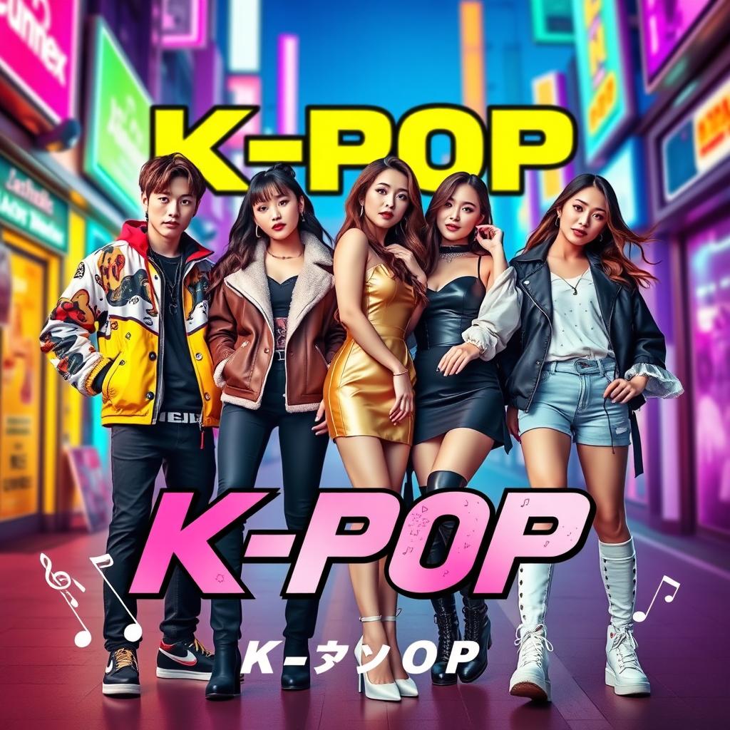 A vibrant and dynamic K-pop group poster featuring four stylish singers: Luciano, Ayelen, Lucia, and Tamara