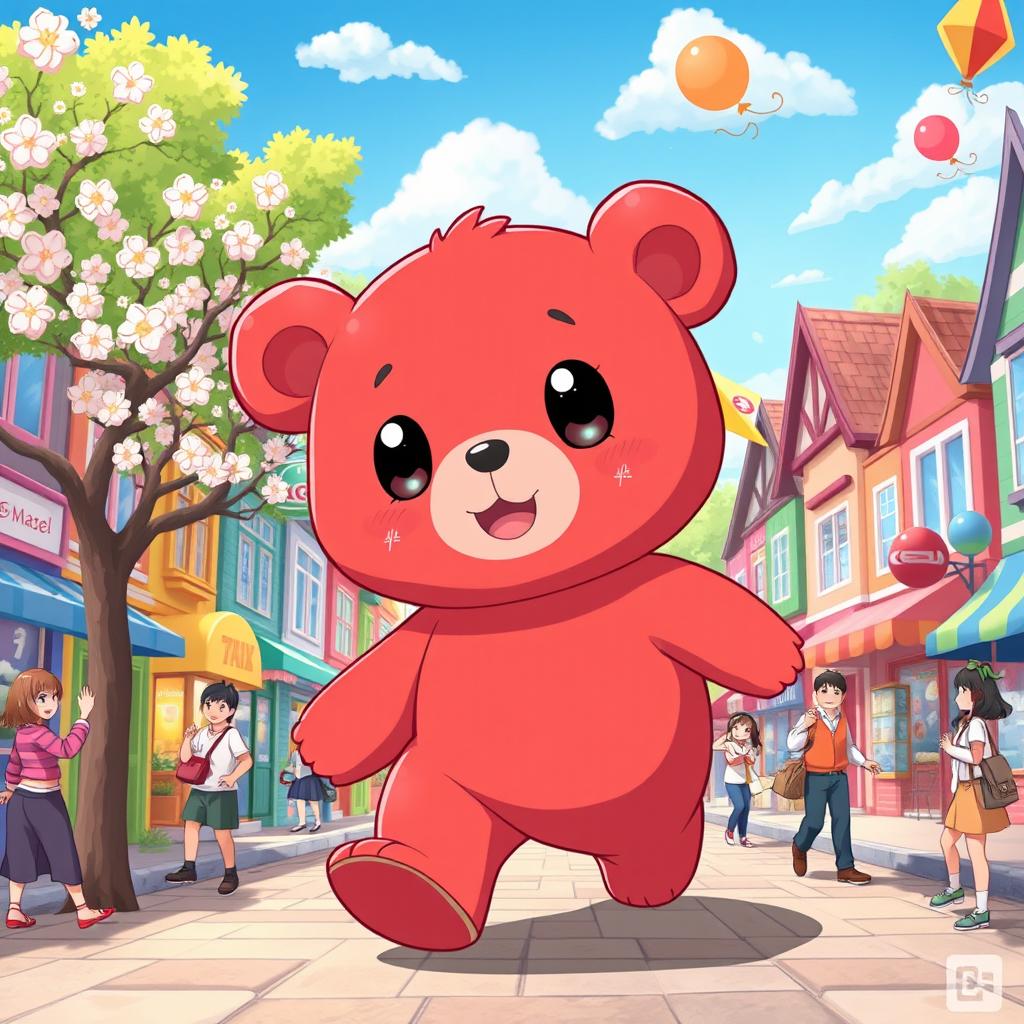 A cute red bear walking through a vibrant town filled with colorful buildings, shops, and lively streets
