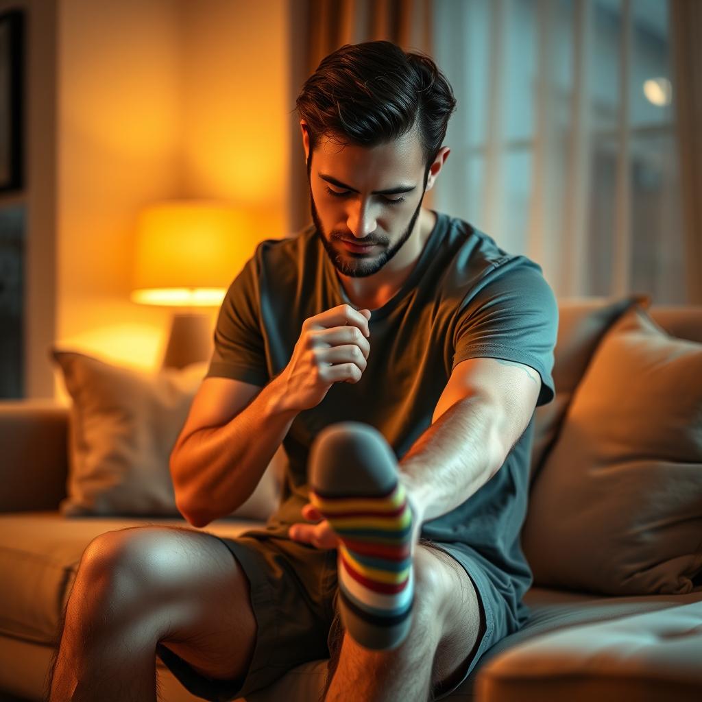 A man gracefully removing his socks, with a focused expression on his face