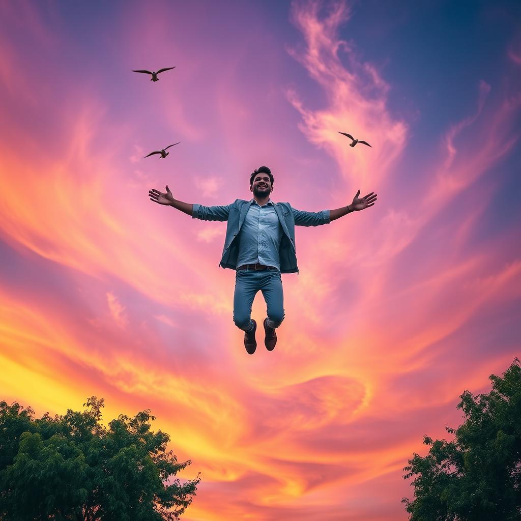 A stunning image of a man being lifted into the sky by magical, swirling clouds, showcasing a sense of wonder and freedom