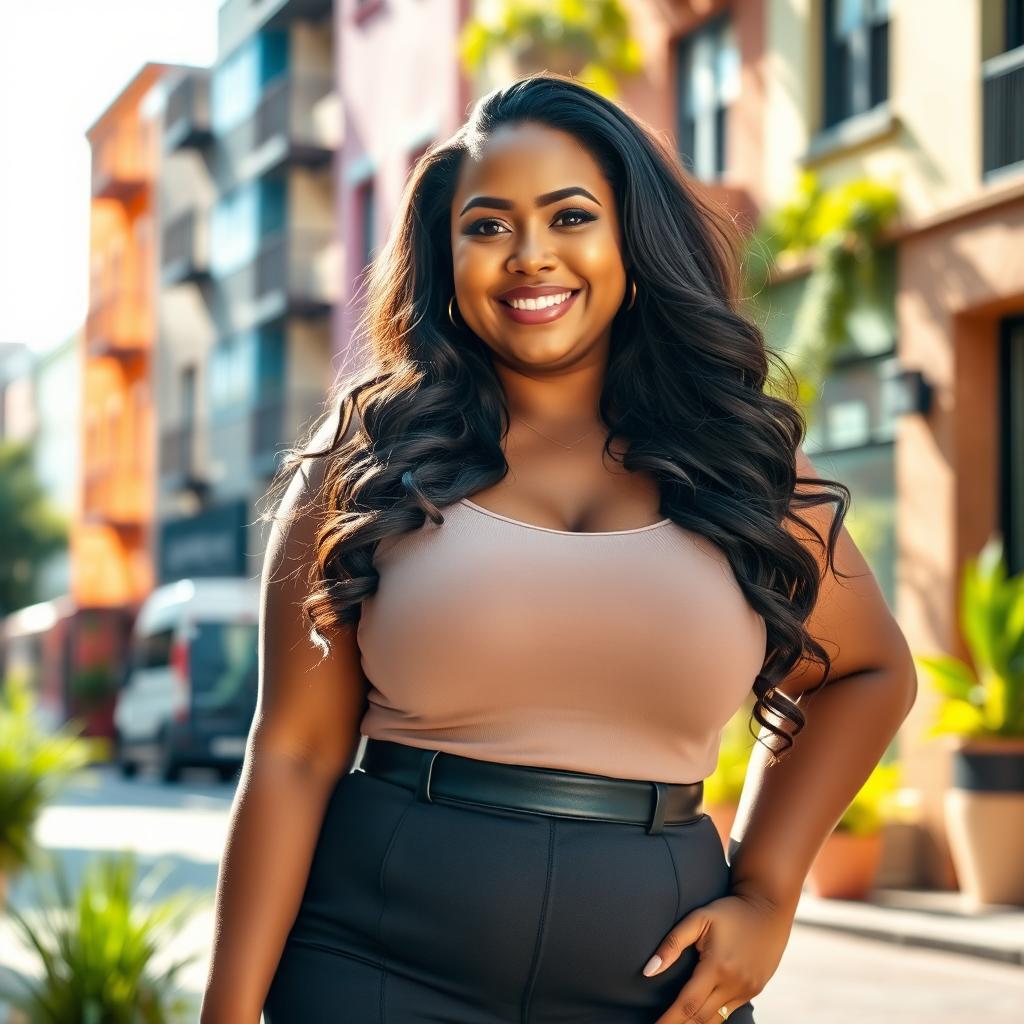 A curvy BBW (Big Beautiful Woman) standing confidently, showcasing her flattering curves with a joyful expression