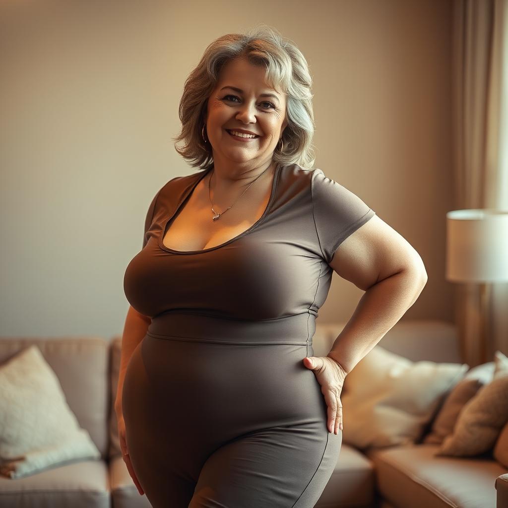 A voluptuous mature woman with curves, confidently showcasing her figure