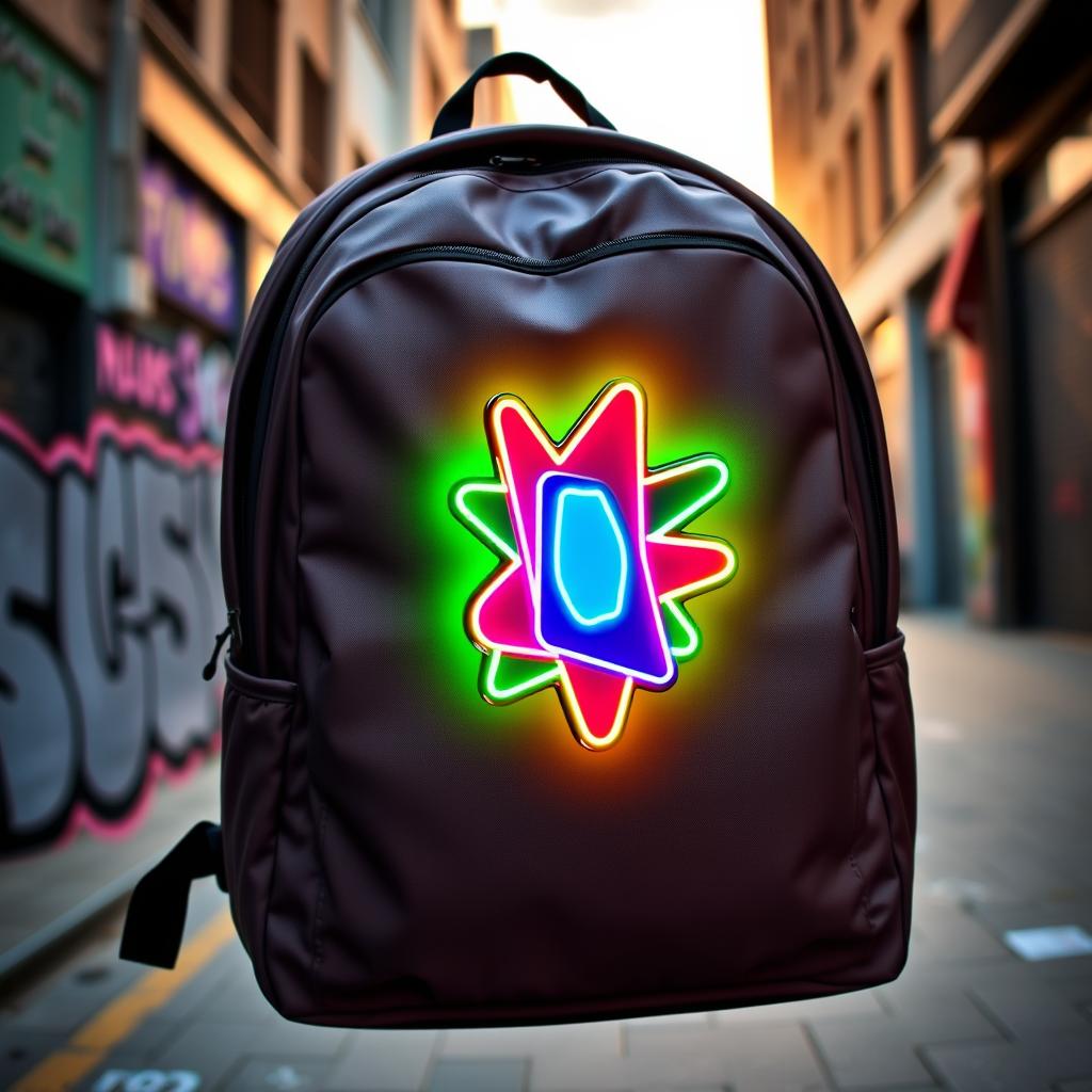 A stylish backpack designed with a vibrant neon pin attached