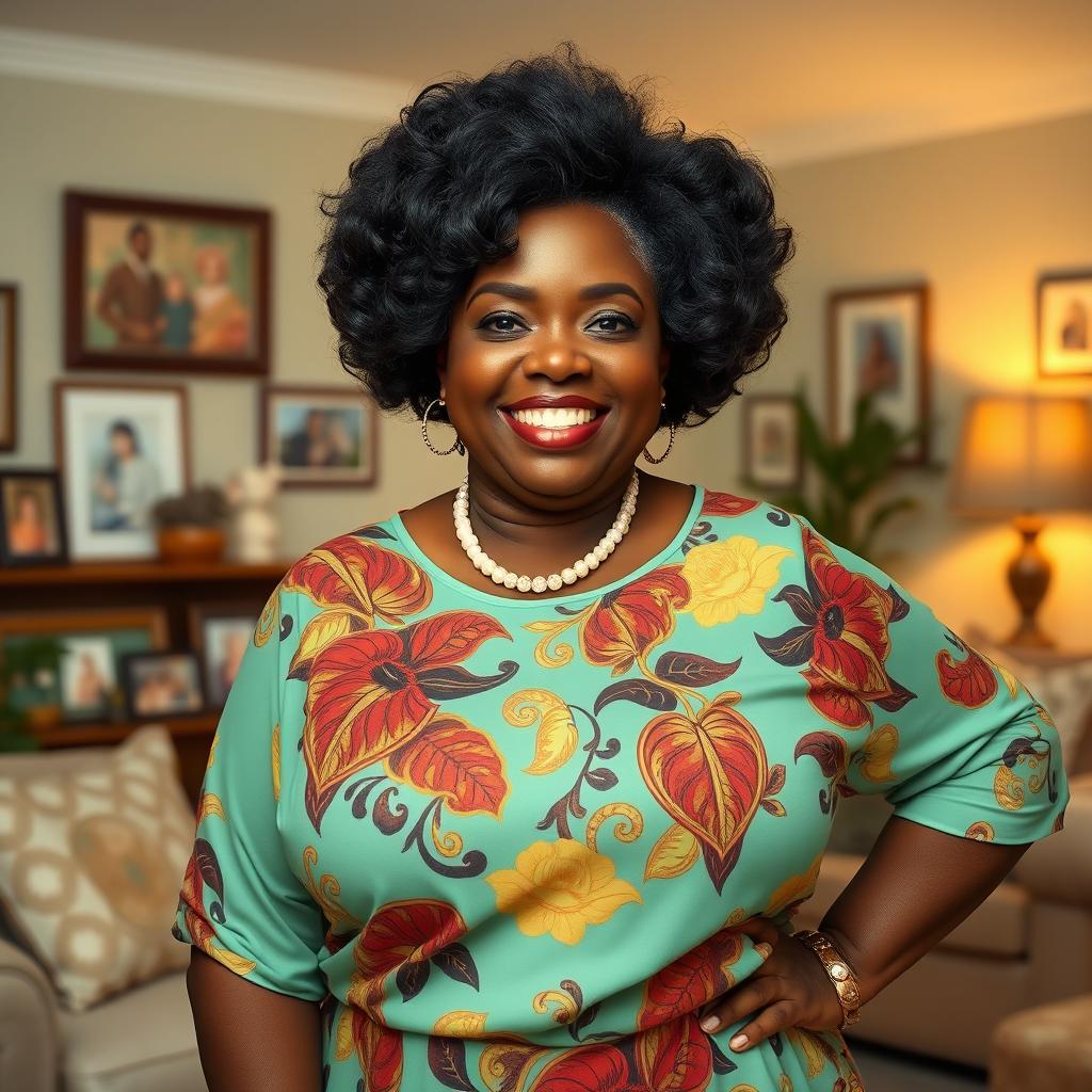 An artistic representation of a confident, voluptuous black grandmother, showcasing her proud curves and graceful demeanor