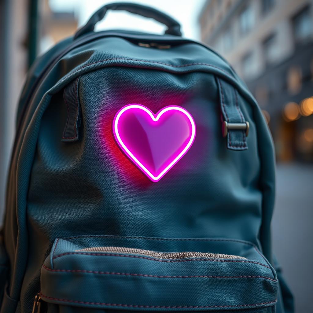 A realistic backpack featuring a striking neon heart-shaped pin attached to the front