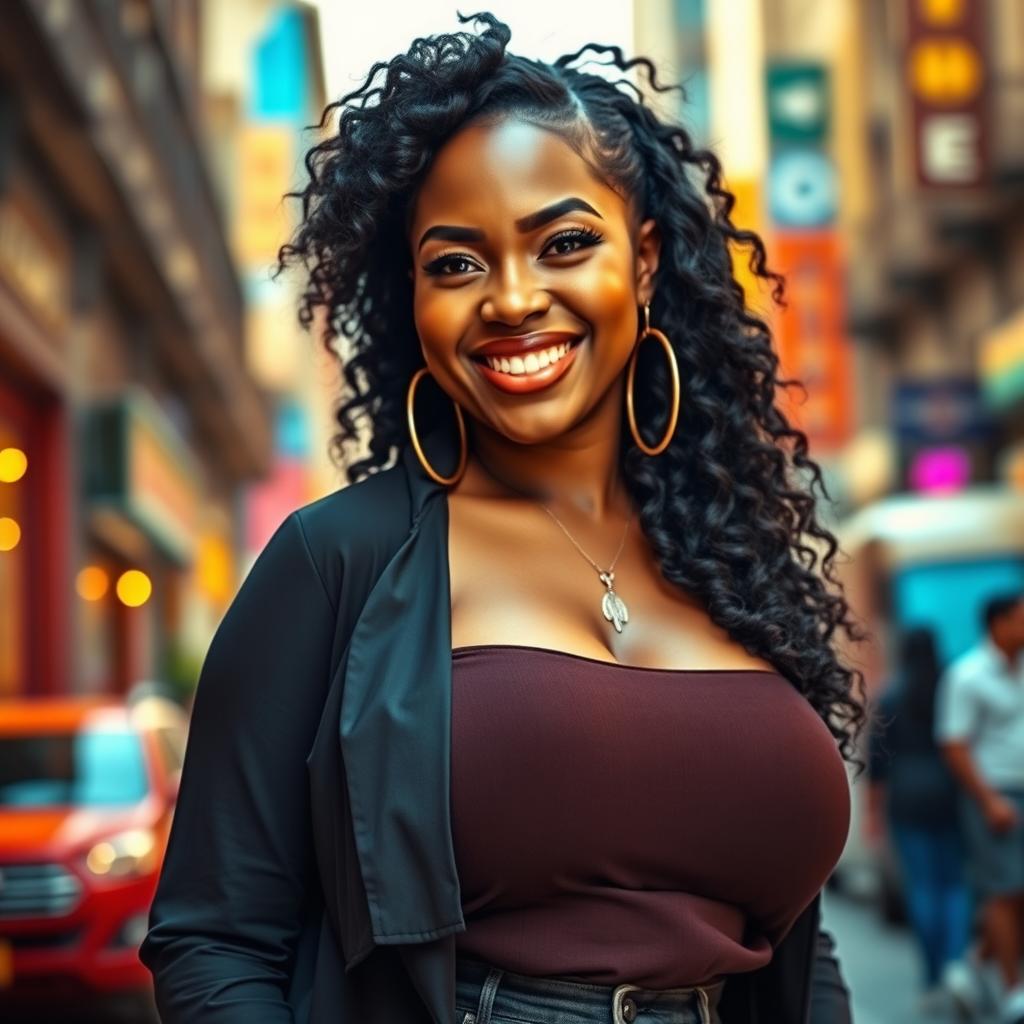 A beautiful and confident curvy black woman, showcasing her voluptuous figure with grace and poise