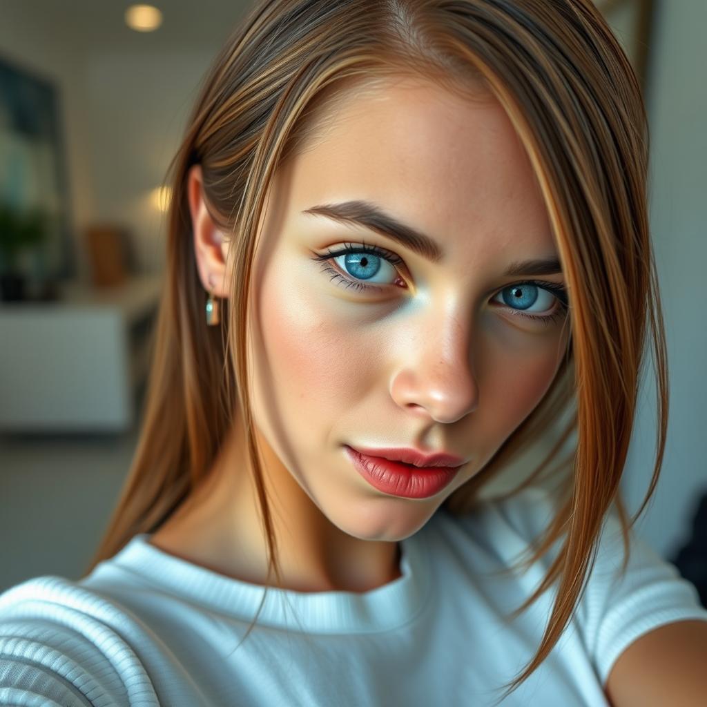 An ultra-realistic photo of a 22-year-old woman with blue eyes and straight hair