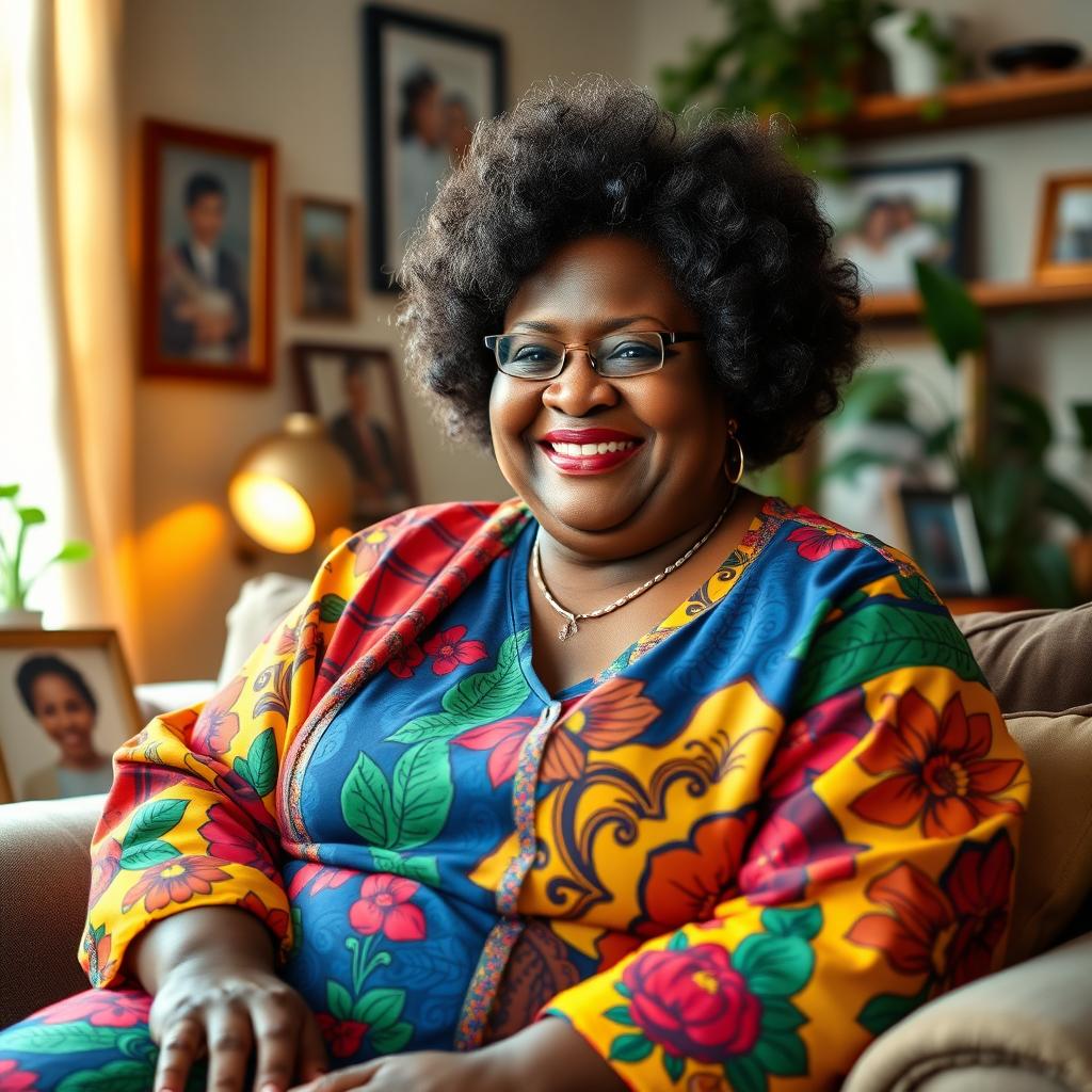 A beautiful and confident plus-size African American grandmother, with a warm smile and sparkling eyes, sitting comfortably in a cozy living room