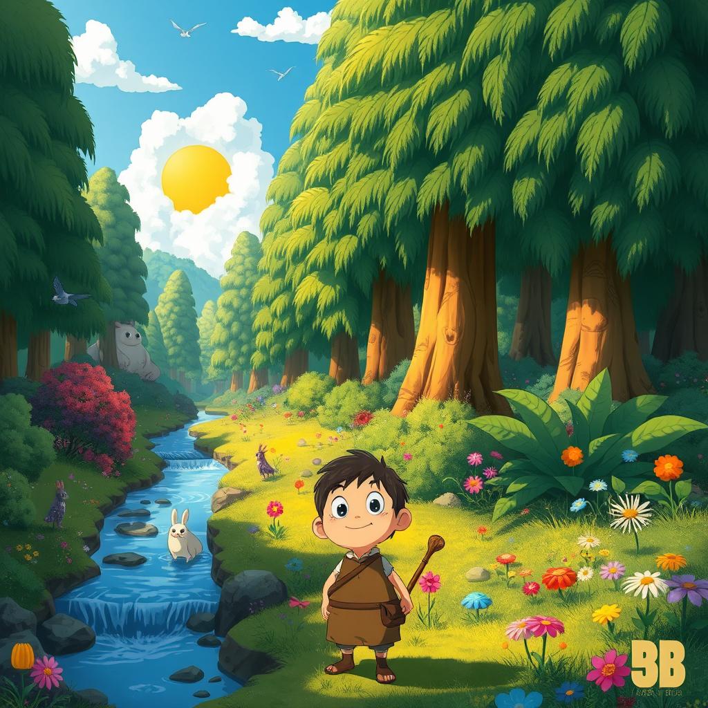 A whimsical forest scene filled with vibrant colors and life, inspired by the enchanting worlds of Studio Ghibli
