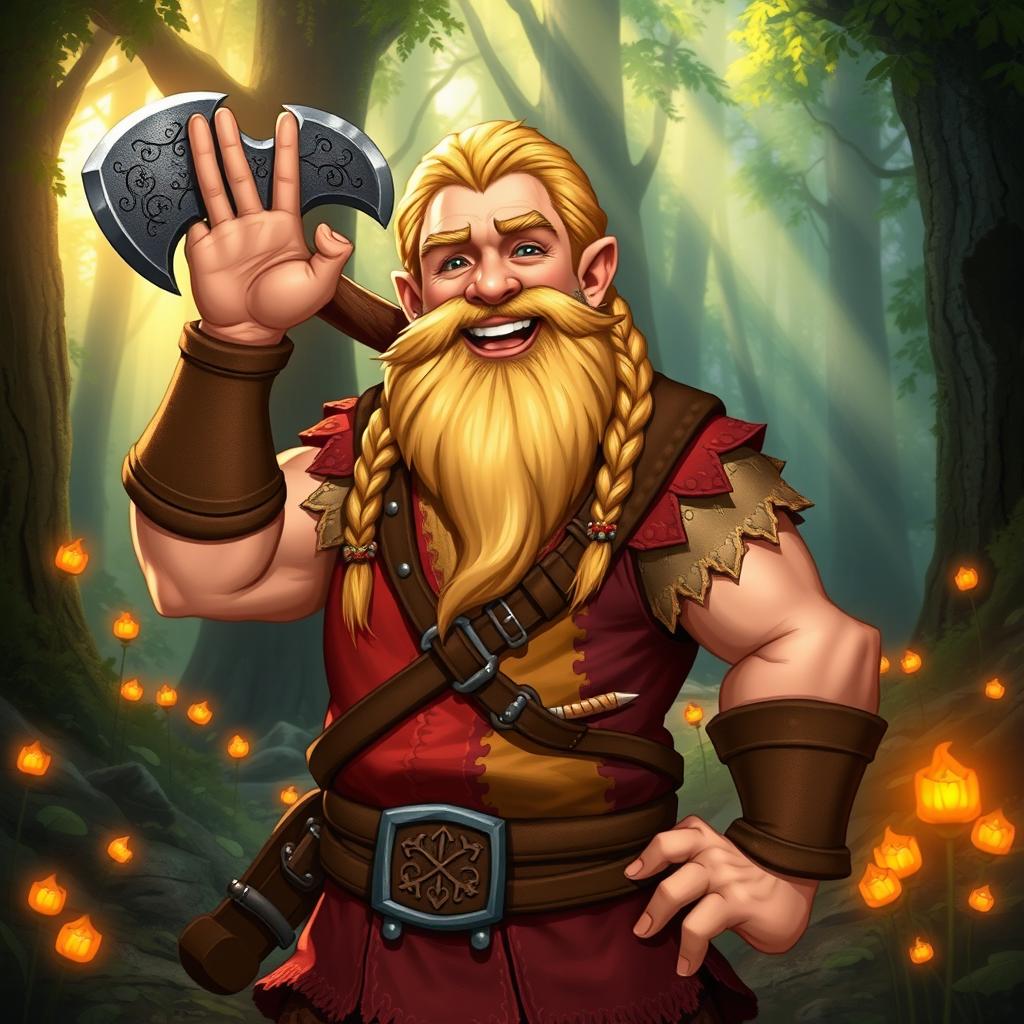 A joyful blonde male dwarf character from a fantasy Dungeons and Dragons setting, standing proudly with a large, intricately designed axe slung on his back