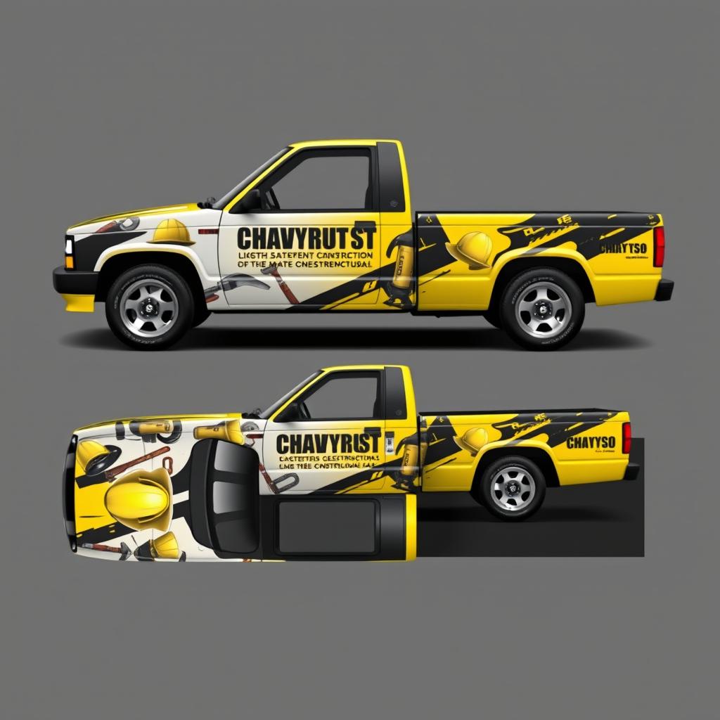 A striking vehicle wrap design for a 1995 Chevrolet S10 truck, featuring a bold construction theme