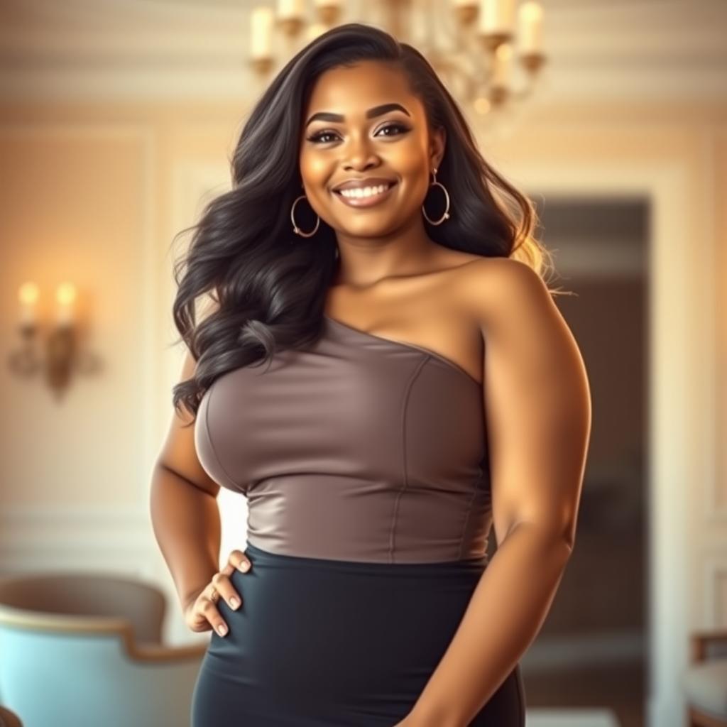 A stunning portrait of a confident and curvaceous woman standing in an elegant, sunlit room