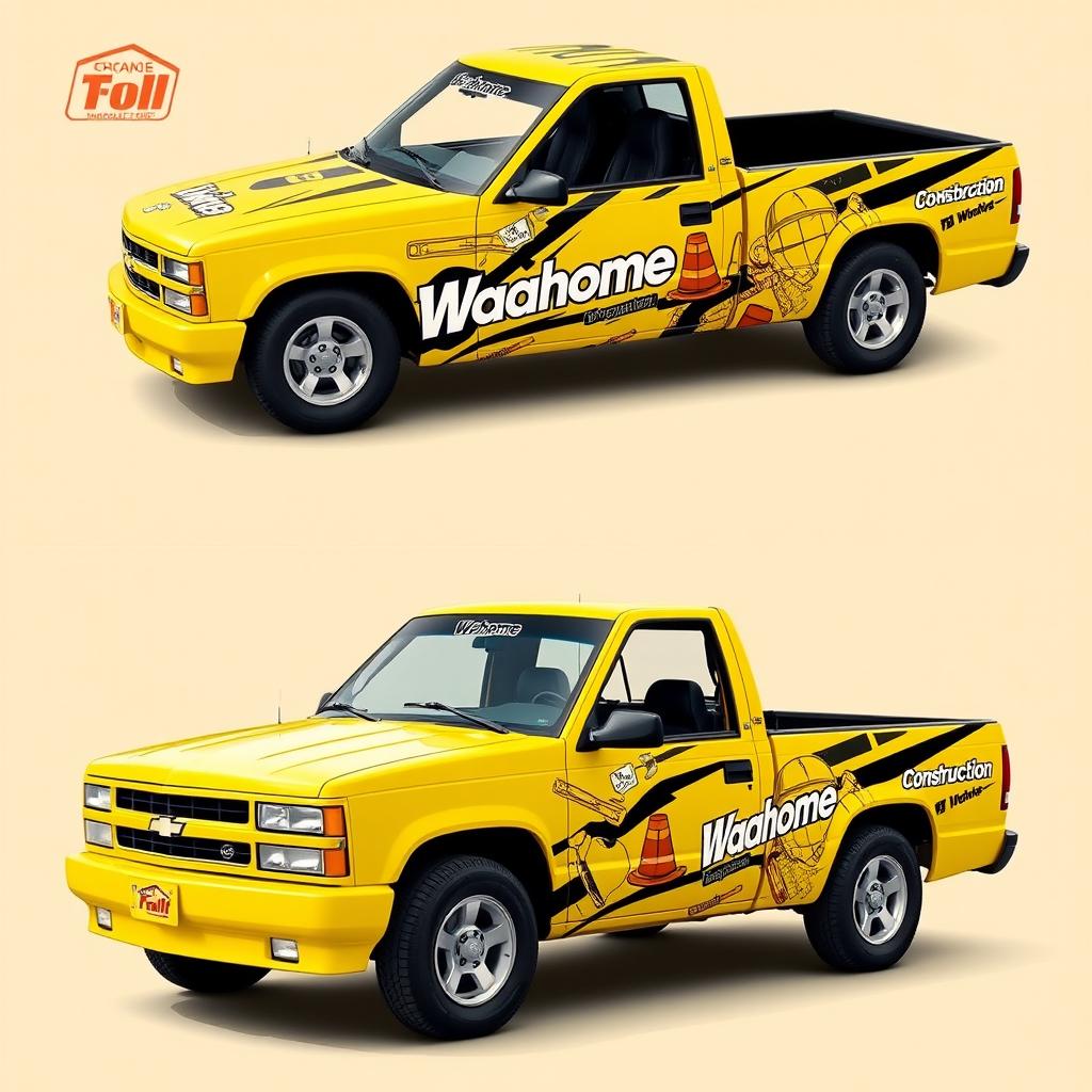 A vibrant vehicle wrap design for a 1995 Chevrolet S10 truck, featuring a strong construction theme