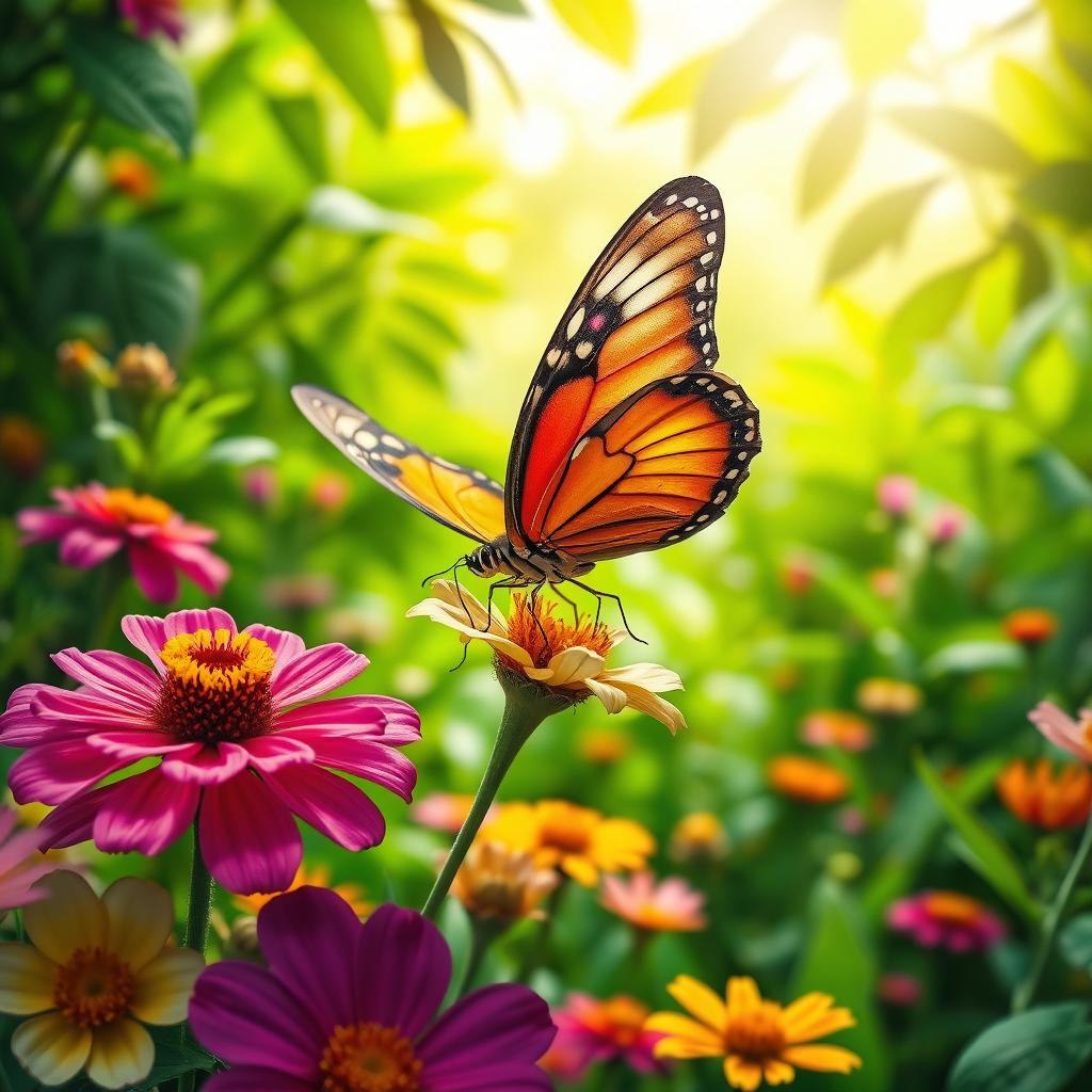 A realistic butterfly perched delicately on a vibrant flower in a lush green landscape, showcasing intricate details of its wings with vivid colors that highlight its beauty