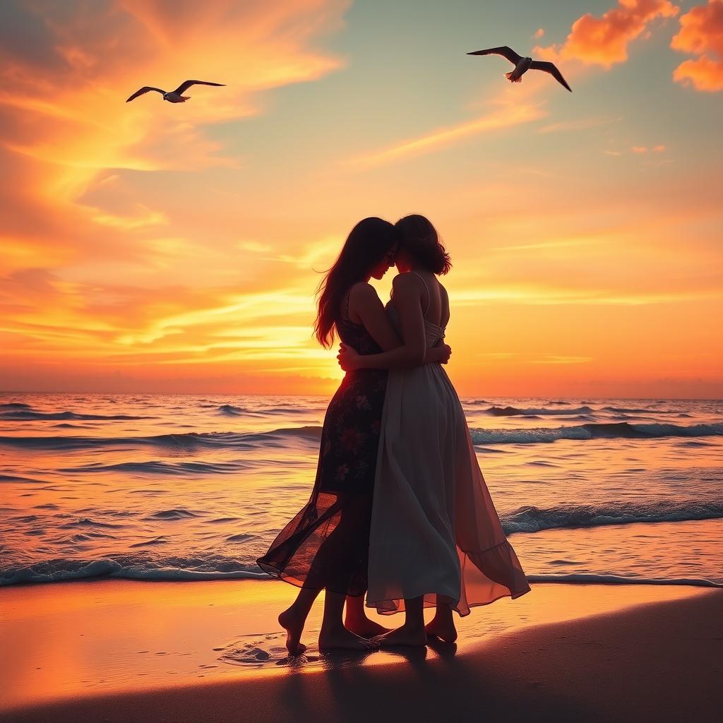 A romantic scene depicting two women embracing on a beach during sunset, their silhouettes beautifully highlighted by the warm orange and pink hues of the sky