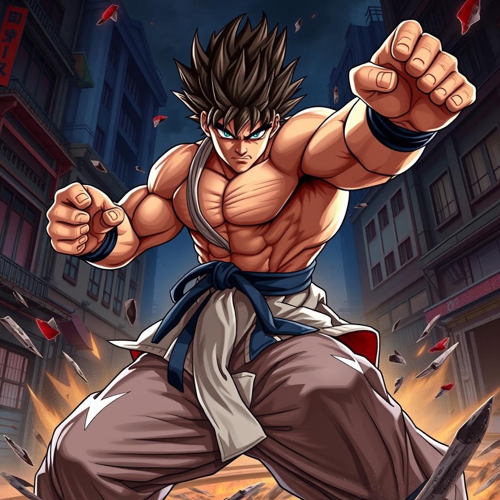 A powerful martial artist with a muscular physique, showcasing dynamic martial arts poses inspired by Baki Hanma, set in an intense battle scene